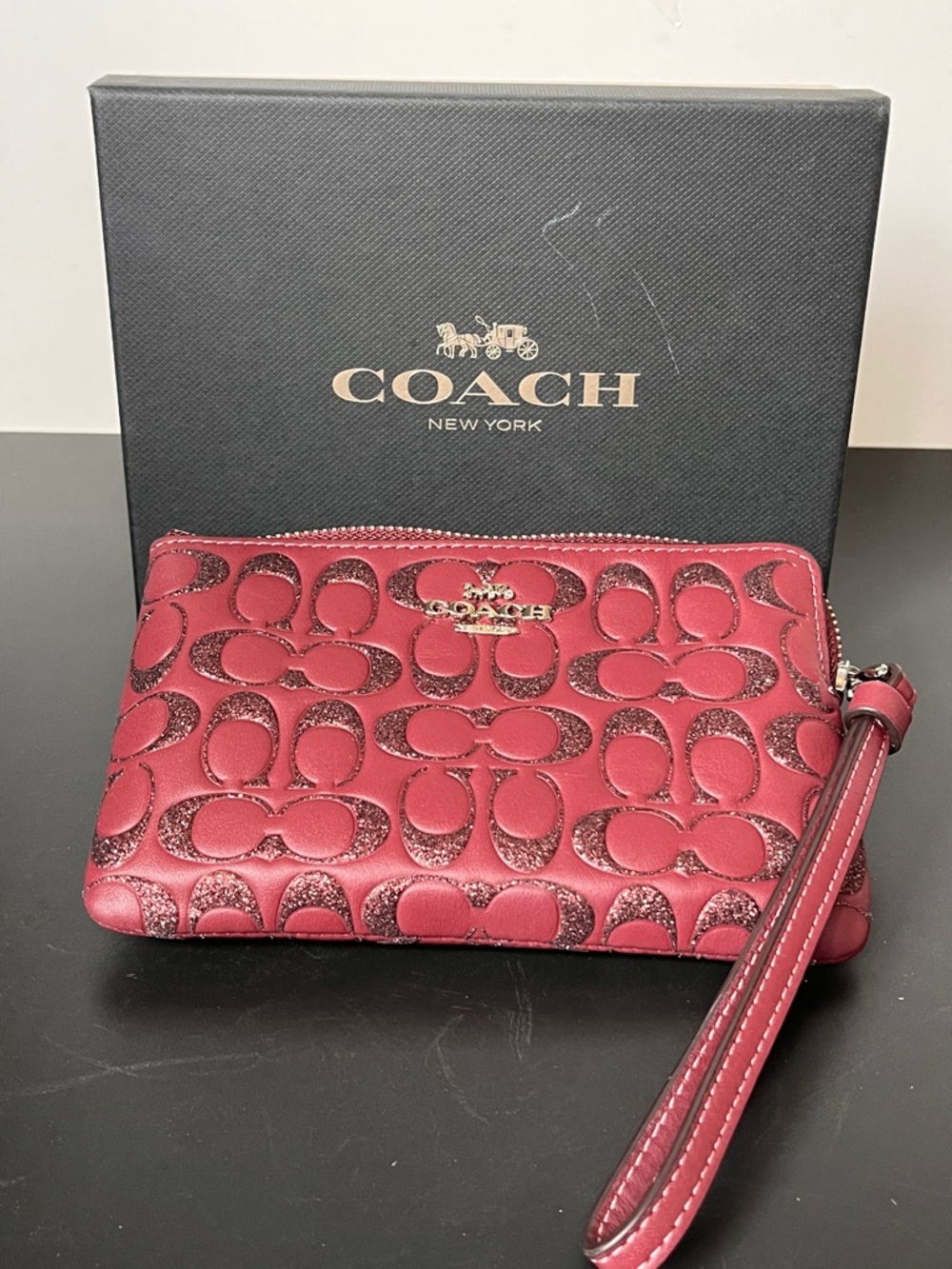 Coach Red Signature Wristlet with Glitter Accents